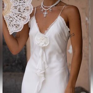 12th Tribe Prosecco White Rosette Frill Maxi Dress